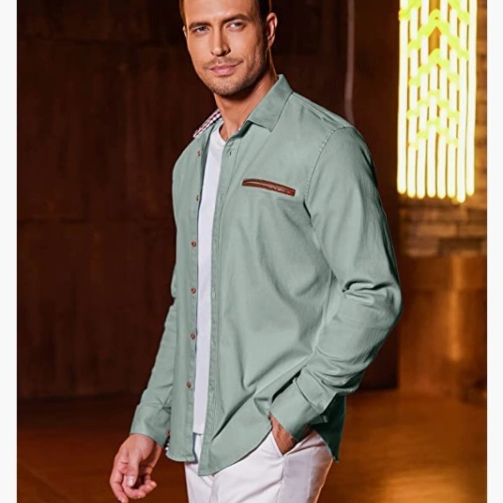 Casual Dress Shirt Button Down Shirts Long-Sleeve Denim Work Shirt, 5XL - Picture 2 of 8